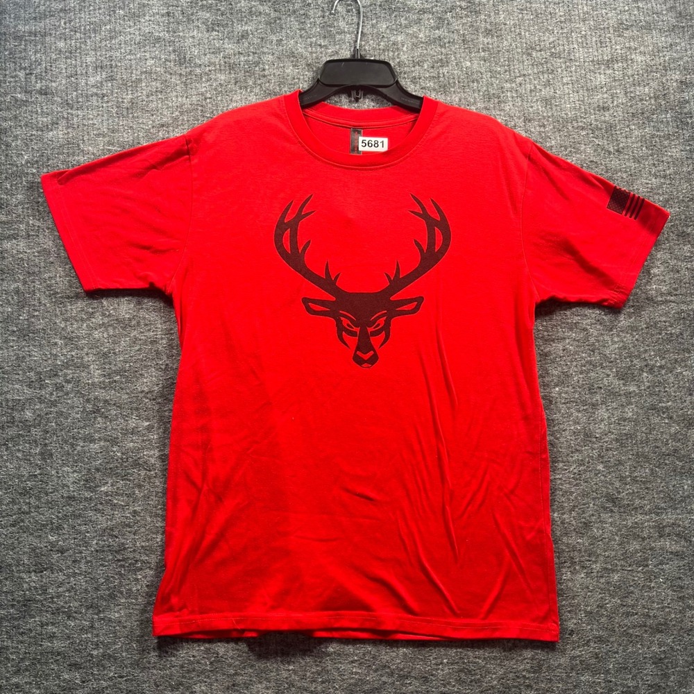 Bucked Up Mens Large Red Graphic Tee Shirt Deer Logo American Flag Sleeve